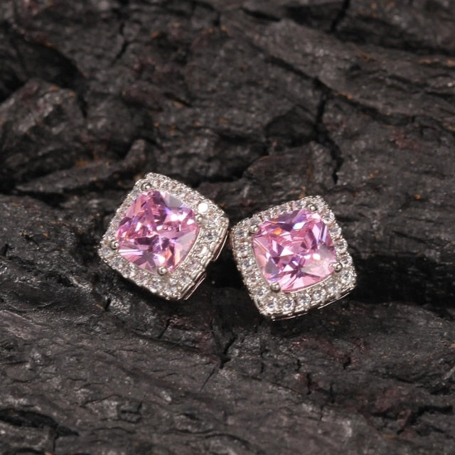 Square Zirconia Pink Earrings Micro Paved Cubic Zircon