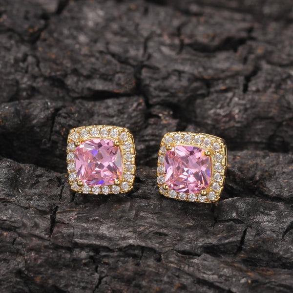 Square Zirconia Pink Earrings Micro Paved Cubic Zircon