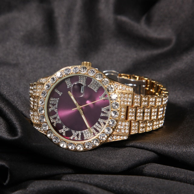 Big Dial Watches Full Iced Out Men Stainless Steel