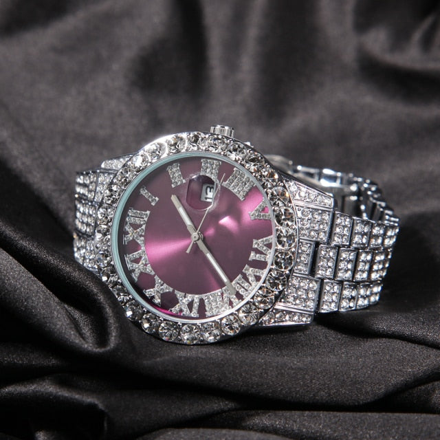 Big Dial Watches Full Iced Out Men Stainless Steel