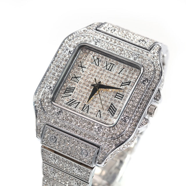 Square Full Iced Out Watches Stainless Steel Fashion Luxury Rhinestones Quartz