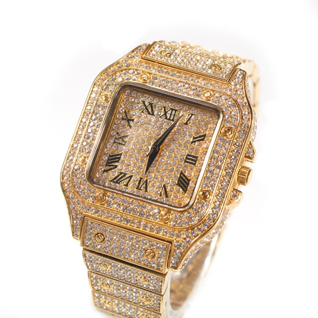 Square Full Iced Out Watches Stainless Steel Fashion Luxury Rhinestones Quartz