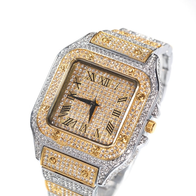 Square Full Iced Out Watches Stainless Steel Fashion Luxury Rhinestones Quartz
