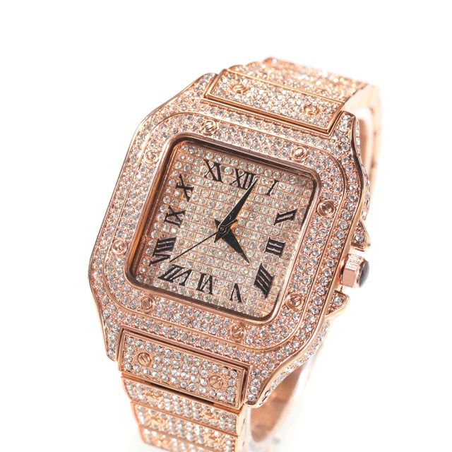 Square Full Iced Out Watches Stainless Steel Fashion Luxury Rhinestones Quartz