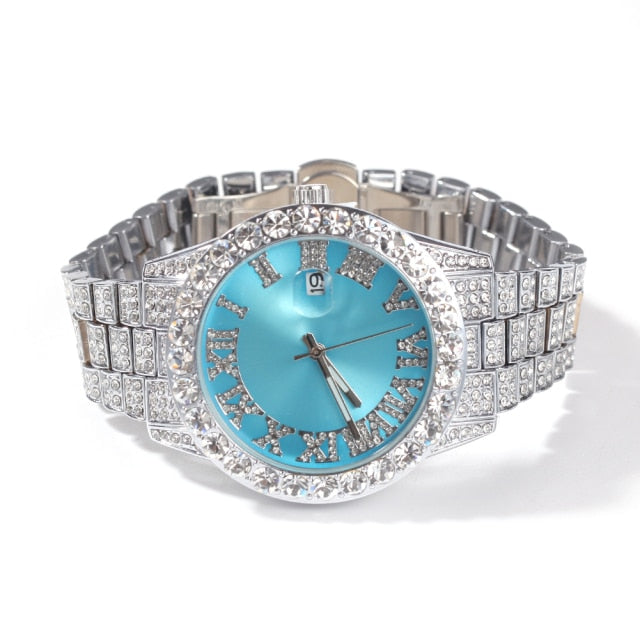 Big Dial Watches Full Iced Out Men Stainless Steel