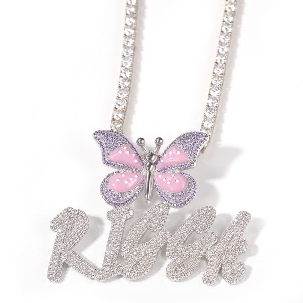 Name Necklace Brush Letters With Butterfly