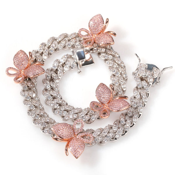 Butterfly 12mm Cuban Chain Necklace CZ Iced Out Zircon