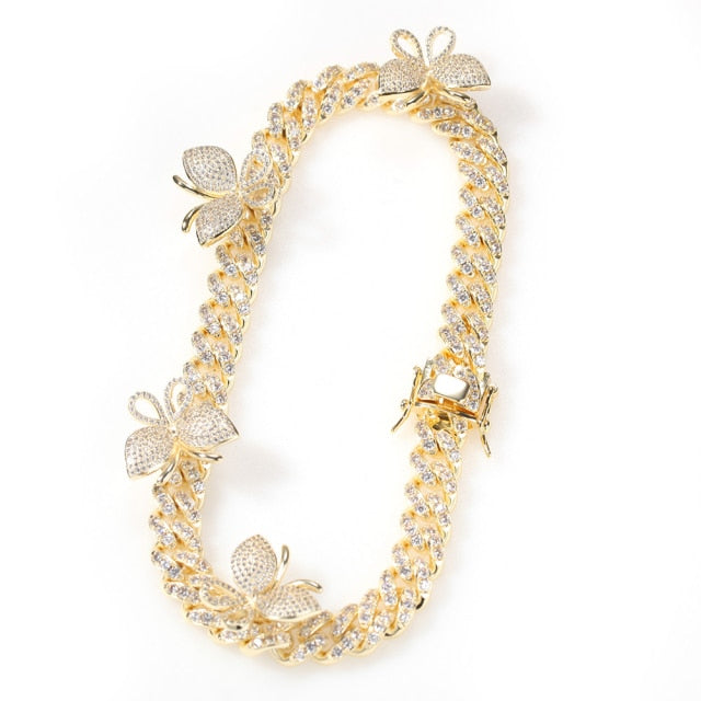 Butterfly 12mm Cuban Chain Necklace CZ Iced Out Zircon