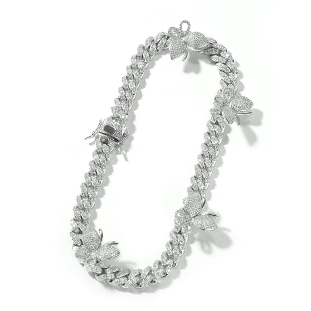 Butterfly 12mm Cuban Chain Necklace CZ Iced Out Zircon