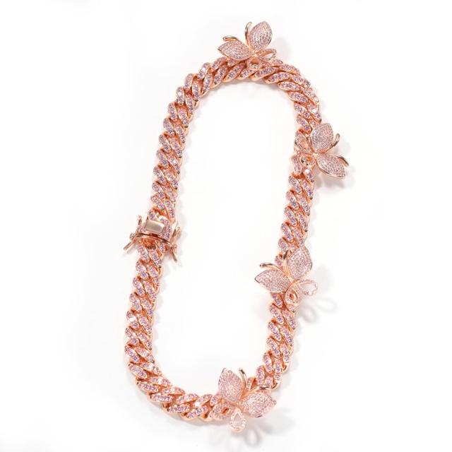 Butterfly 12mm Cuban Chain Necklace CZ Iced Out Zircon