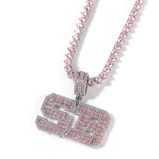 Pink Baguette Letters Custom Name Necklace Pendant With Heart Tennis Chain or Baguette