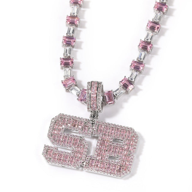 Pink Baguette Letters Custom Name Necklace Pendant With Heart Tennis Chain or Baguette