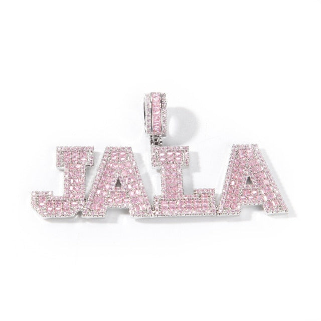 Pink Baguette Letters Custom Name Necklace Pendant With Heart Tennis Chain or Baguette
