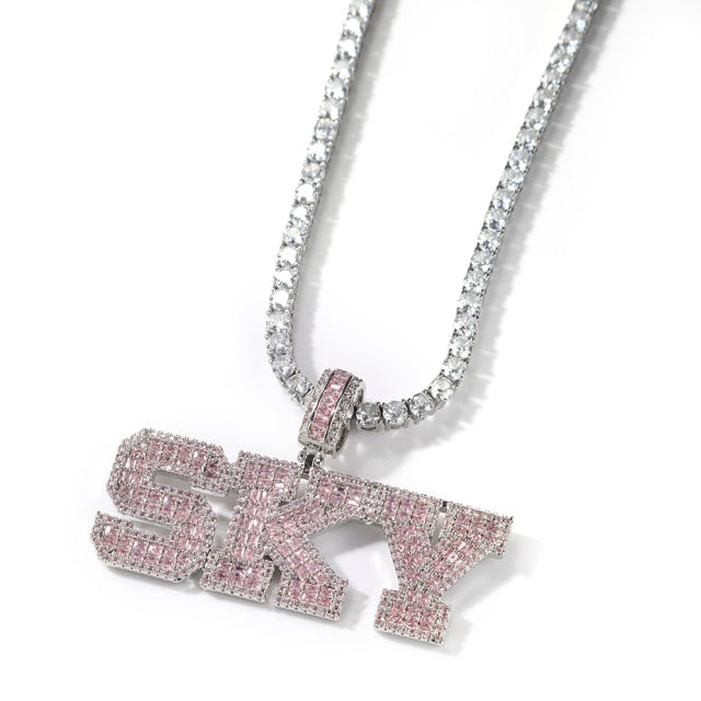 Pink Baguette Letters Custom Name Necklace Pendant With Heart Tennis Chain or Baguette