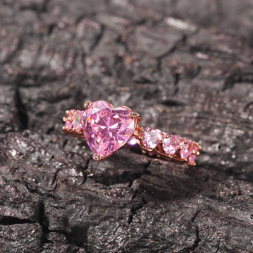 Heart Rings Wedding Full Bling Iced Out Pink Cubic Zircon AAA