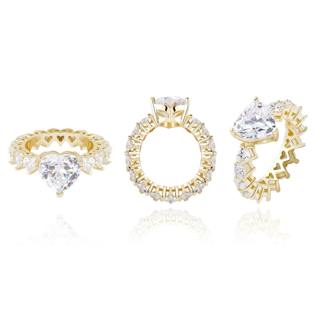 Heart Rings Wedding Full Bling Iced Out Pink Cubic Zircon AAA