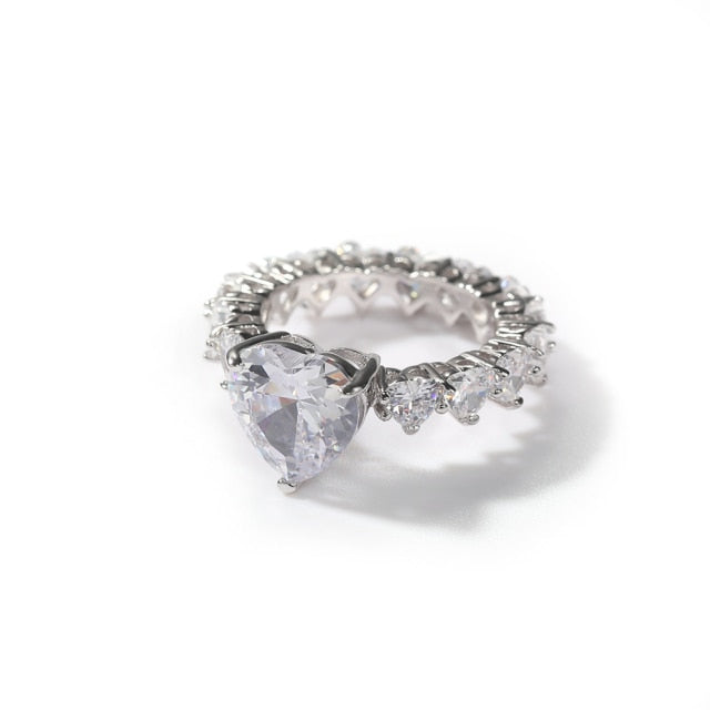 Heart Rings Wedding Full Bling Iced Out Pink Cubic Zircon AAA