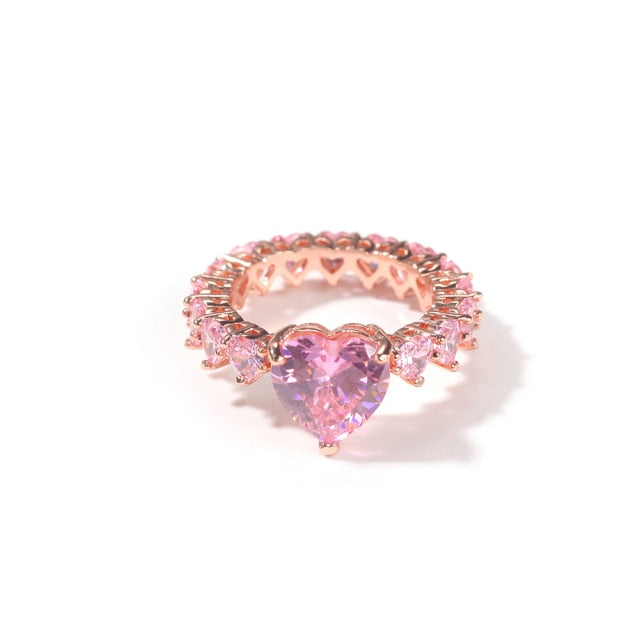 Heart Rings Wedding Full Bling Iced Out Pink Cubic Zircon AAA