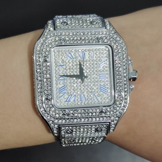 Square Full Iced Out Watches Stainless Steel Fashion Luxury Rhinestones Quartz