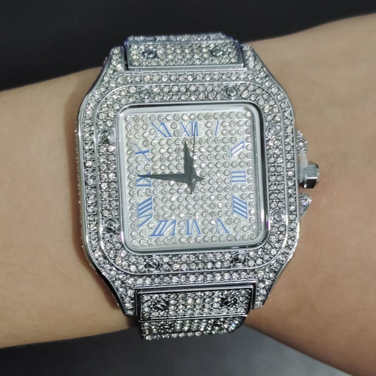 Square Full Iced Out Watches Stainless Steel Fashion Luxury Rhinestones Quartz