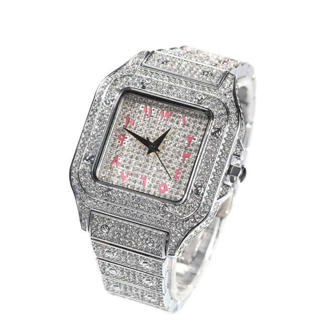 Square Full Iced Out Watches Stainless Steel Fashion Luxury Rhinestones Quartz