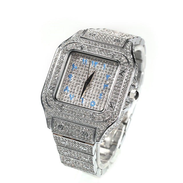 Square Full Iced Out Watches Stainless Steel Fashion Luxury Rhinestones Quartz