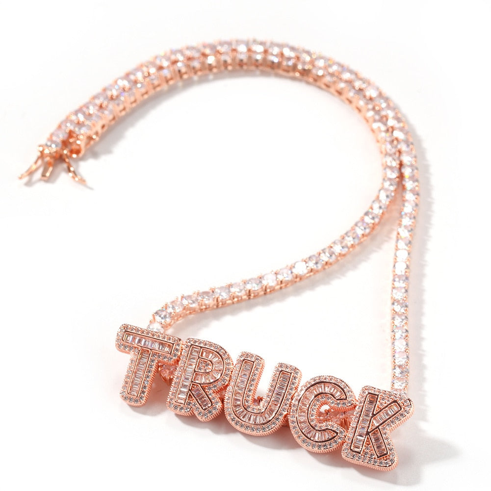 Name Necklace Baguette Letters With Tennis Chain Full Iced Out Zircon