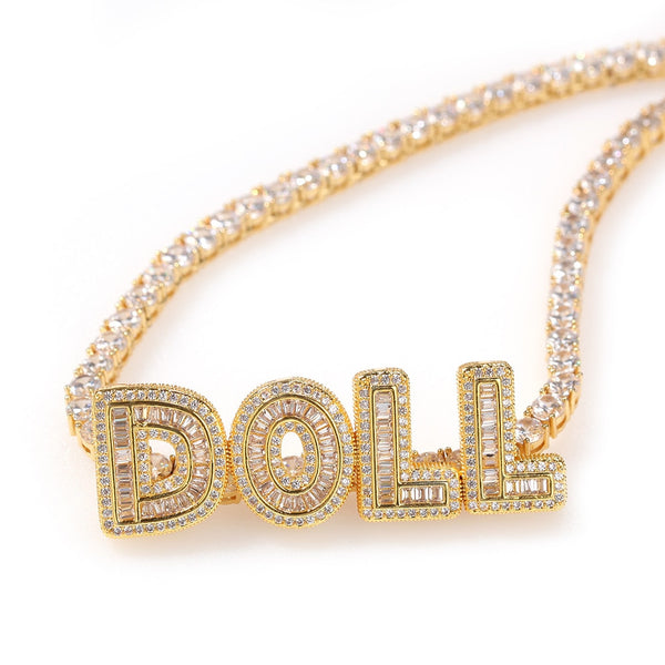 Name Necklace Baguette Letters With Tennis Chain Full Iced Out Zircon