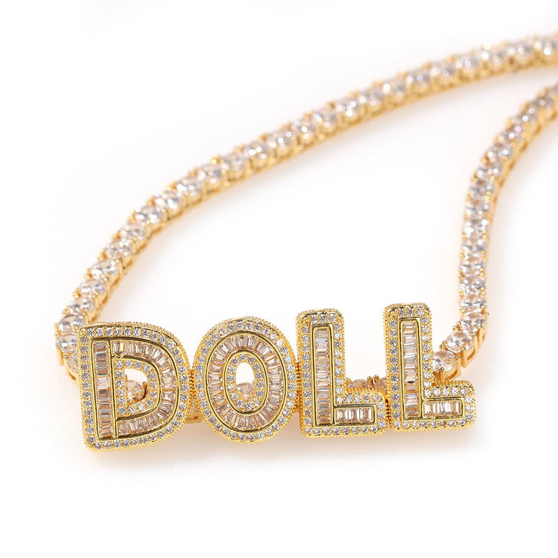 Name Necklace Baguette Letters With Tennis Chain Full Iced Out Zircon
