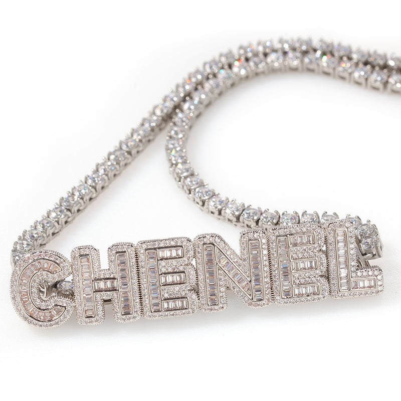 Name Necklace Baguette Letters With Tennis Chain Full Iced Out Zircon